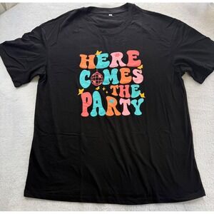 Womens Black‎ Graphic T Shirt Here Comes The Party Oversized Short Sleeve Size L